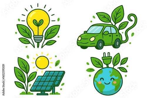 Eco-friendly vector set. Green energy concept with solar panel, electric car, and planet earth. Sustainable technology and nature conservation cartoon icons. Renewable power.