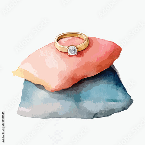 Diamond Ring Resting on Watercolor Pillows in Soft Artistic Style