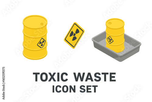 Toxic waste icon set. Radioactive hazard symbol. Yellow barrel with nuclear waste. Danger warning sign. Isometric vector illustration. Pollution and environment concept.