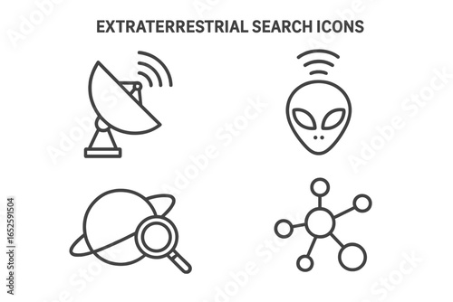 Extraterrestrial life search outline icon set. Vector icons of radio telescope, satellite signal, alien head, planet exploration, and biosignature molecule for science projects.