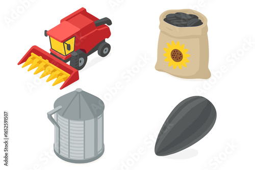 Sunflower harvest icon set. Isometric vector illustration of agricultural machinery and production. Combine harvester, seed bag, grain silo, and sunflower seed icons.