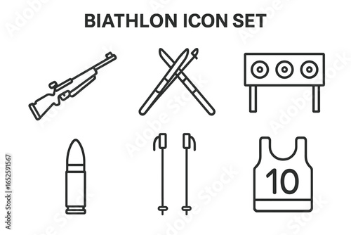 Biathlon sport icon set. Thin line art symbols. Winter sports competition elements. Cross-country skiing and shooting gallery. Rifle, target, ski, poles, bullet, race bib vector.