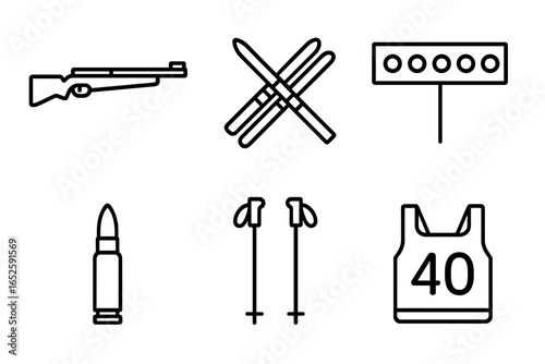 Biathlon line icon set for winter sports. Vector collection of isolated outline illustrations: rifle, cross-country skis, shooting target, bullet, poles, and a race bib.