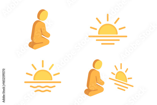 Sunrise icon set. Isometric vector illustration of a kneeling figure in prayer. Concepts of worship, hope, reflection, a new day, and spirituality. Sun over the horizon.
