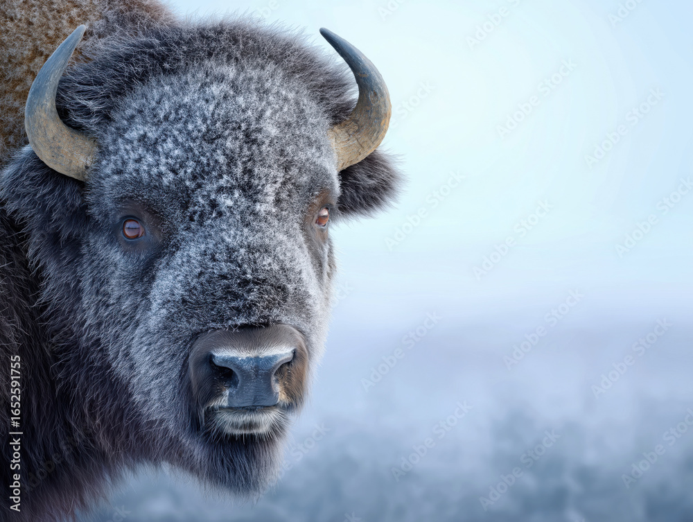 Fototapeta premium Close-up of a majestic bison with a thick fur coat, showcasing its powerful horns and expressive eyes against a soft, blurred winter landscape, embodying wildlife beauty