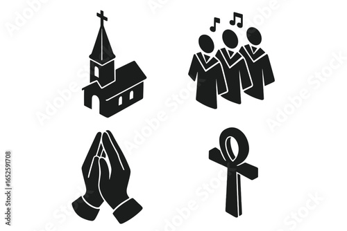 Black spiritual icons set. Isometric vector illustration of Christian and African symbols. Features church, gospel choir, praying hands, and ankh for faith and religion.