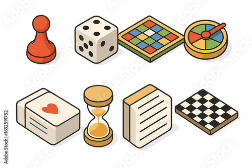 Isometric board game icon set. Vector illustration of classic tabletop game elements like a pawn, dice, game board, spinner, card deck, timer, and scorepad for family fun night.