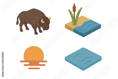 Isometric buffalo and bison icon set with nature elements. Flat vector illustration of a wild animal, riverbank, reed, and sunset. Isolated graphic for game or web design.