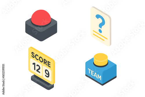 Isometric trivia game night icon set. Vector illustration of a quiz competition with team buzzers, question card, and electronic scoreboard. Fun family entertainment concept.