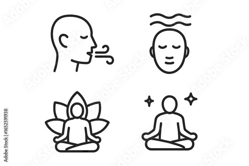 Breathing and meditation line icons. Vector symbol set for wellness, calm, and mental health. Includes yoga lotus pose, breathwork exercise, and mindfulness concept.