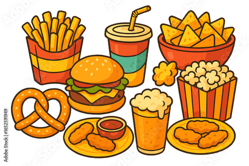 Fast food snacks and drinks set. Burger, french fries, soda, beer, popcorn, pretzel, nachos, chicken nuggets. Junk food meal collection. Vector cartoon illustration icons.