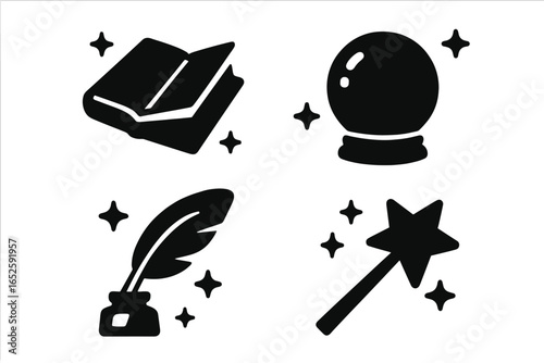 Fantasy magic icon set. Solid glyph vector collection of mystical objects. Spellbook, crystal ball, magic wand, feather quill. Wizardry and witchcraft symbols.
