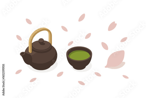 Japanese tea ceremony icon set with traditional teapot and matcha green tea bowl. Isometric vector illustration with falling sakura cherry blossom petals. Asian culture.