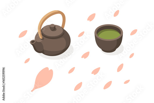 Japanese tea ceremony isometric icon. Traditional kyusu teapot and chawan matcha bowl. Falling cherry blossom sakura petals. Asian culture concept. Flat vector design.
