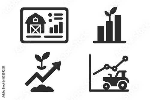Farm data analytics icon set. Agritech dashboard for smart farming. Bar chart for crop yield growth. Predictive model for tractor efficiency. Agriculture investment.
