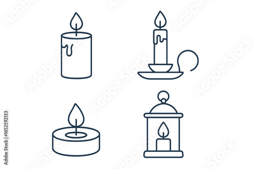Candles and lantern line icon set. Collection of simple outline symbols for light and decoration. Includes pillar, taper in candlestick, and tealight. Minimalist vector pictogram.