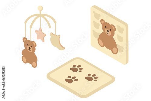 Teddy bear nursery icons. Isometric flat icon set of nursery decor. Includes a crib mobile, bear wallpaper, and a rug with paw prints. Cute vector illustration for a baby room.