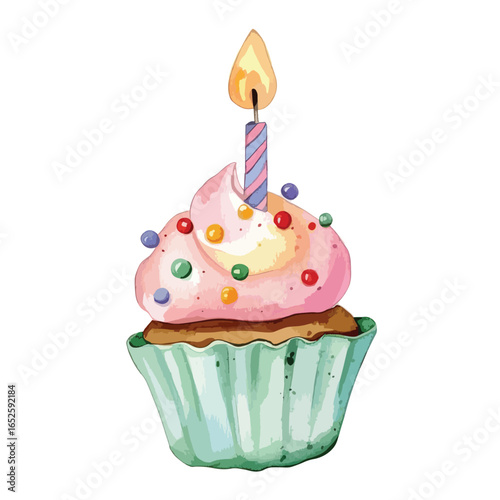 Festive Pink Cupcake with Lit Candle and Sprinkles