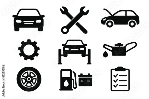 Car service icons vector set with automotive repair tools, maintenance symbols, oil change, tire, fuel pump, battery, checklist, gear and car lift on transparent background