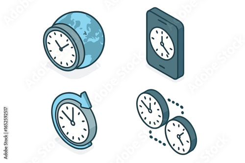 Time zone coordination isometric icon set. World clock on globe, smartphone time display, time change and difference icons. Global business vector illustration concept.