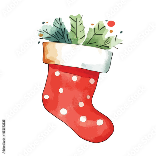 Festive Watercolor Christmas Stocking with Evergreen Accents