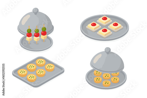 Isometric appetizer and canapé set for catering and events. Vector illustration of finger food, including party snacks, cheese skewers, and pastries on serving trays with cloche.