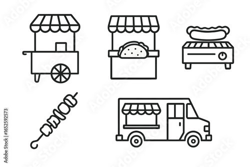 Street food icons set in thin line style. Vector collection of fast food symbols: food truck, vendor cart, taco stand, hot dog grill, and kebab skewer. Simple outline.