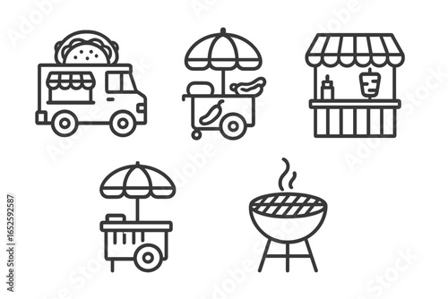 Street food icons. Outline icon set of food vendors including a taco truck, hot dog cart, kebab stand, food stall with umbrella, and barbecue grill. Vector fast food.