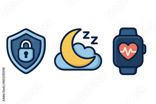 Digital wellness icons. Health monitoring, security, and sleep symbols for a balanced lifestyle. Vector illustration of smartwatch, data privacy shield, and night rest.
