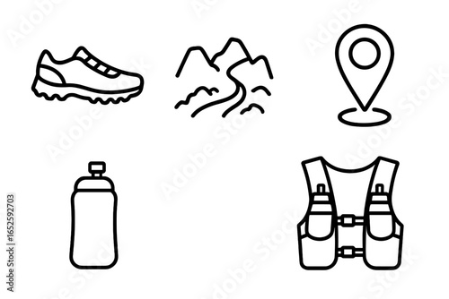 Trail running icon set with outline style. Vector symbols for outdoor sport adventure. Line art collection with trail shoe, mountain path, location pin, hydration vest, water bottle.