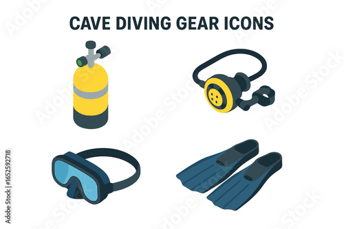 Cave diving gear icon set. Isometric vector illustration of scuba diving equipment. Includes aqualung tank, regulator, dive mask, and fins for underwater exploration.