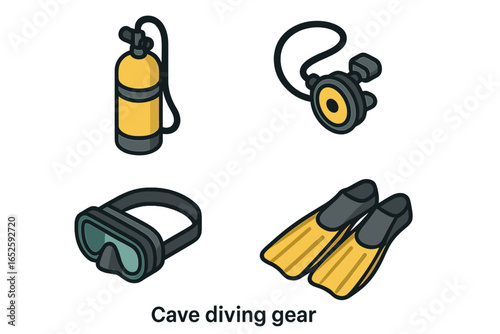 Cave diving gear icon set. Isometric vector illustration of scuba diving equipment. Includes scuba tank, regulator, dive mask, and fins for underwater exploration. Flat design.