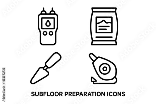 Subfloor preparation icons set. Flooring installation tools. Outline symbols for construction, repair, and renovation. Moisture meter, leveling compound, trowel, chalk line vector.