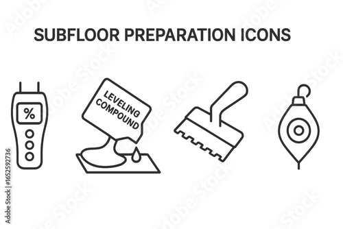 Subfloor preparation tools icon set. Vector outline symbols for construction and flooring. Moisture meter, self-leveling compound, notched trowel, and chalk line icons.