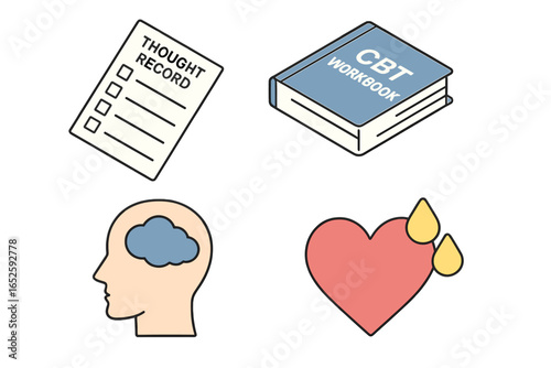 CBT tools icon set. Isometric cognitive behavioral therapy concept. Thought record worksheet, psychology workbook, emotion, anxiety. Mental health vector illustration.