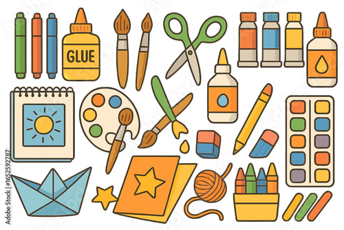 Art and craft supplies set. School tools for creativity, drawing, painting, and DIY hobby concept. Vector cartoon illustration icons collection isolated on white background.