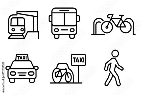 Travel Assistance Icons Set, Outline Style, Includes Airplane Silhouette, Luggage, Telephone Support, Public Transport Symbols, Taxi, Bicycle Parking, and Pedestrian Figures, Vector Illustration