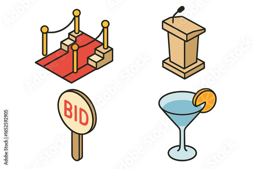 Charity gala isometric icon set. Vector illustration of a red carpet, stage podium, auction bid paddle, and a cocktail glass for a formal fundraising event or party.
