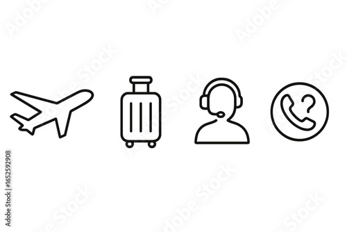 Travel Assistance Icons Set with Airplane Silhouette, Luggage, Call Support, and Help Desk Headset Vector Illustration on Transparent Background for Travel and Tourism