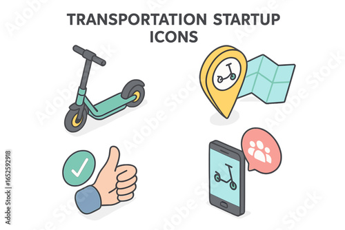 Isometric Transportation Startup Icons Set, Shared Electric Scooter, Mobility Map Pin, Social Approval Thumbs Up, Smartphone Scooter App Illustration Vector