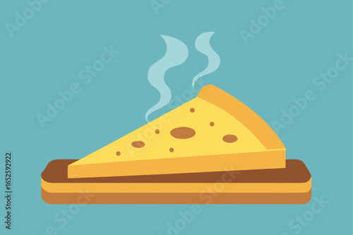 four cheese pizza slice lifted from wooden serving