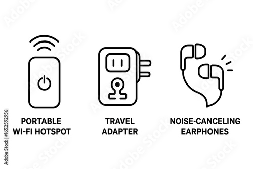 Travel Tech Icon Set of Outline Style Portable Wi-Fi Hotspot, Travel Power Adapter, and Noise-Canceling Earphones Vector Illustration on Transparent Background