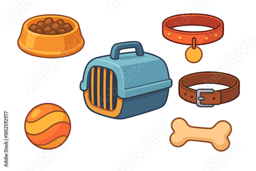 Pet shop accessories set. Dog and cat care equipment collection. Vector cartoon illustration of food bowl, carrier crate, collar, toy ball, and bone. Isolated pet supplies.