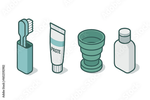 Travel Essentials Icons, Isometric Flat Vector Set of Portable Travel Bathroom Kits Including Toothbrush, Mini Toothpaste Tube, Collapsible Cup, and Bottle Illustration