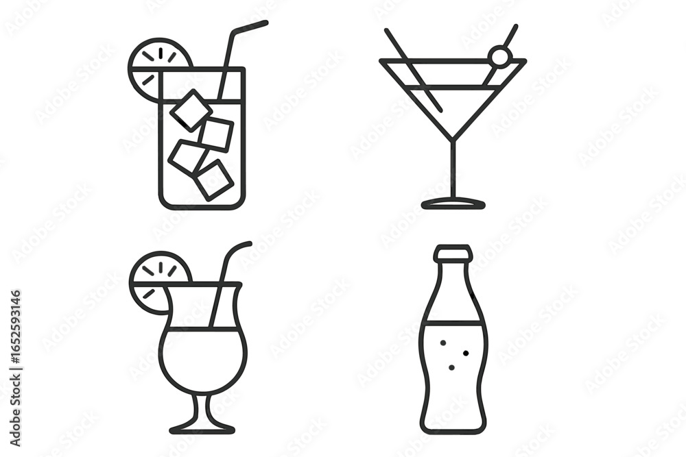 Cocktail and beverage outline icons set. Bar menu linear symbols for drinks. Long drink, martini, tropical juice and soda bottle. Vector graphic elements for design. Cocktail and beverage outline icons set. Bar menu linear symbols for drinks. Long drink, martini, tropical juice and soda bottle. Vector graphic elements for design.