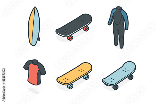 Surf and skate culture isometric icon set. Collection of summer sports equipment including surfboard, skateboard, wetsuit, and rash guard. Vector illustration for extreme sports.