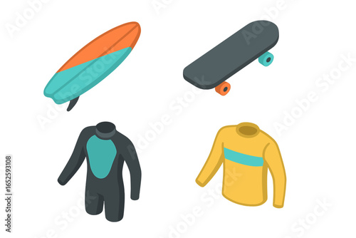 Surf and skate icons. Isometric flat icon set of summer culture. Surfboard, skateboard, wetsuit, and rash guard. Extreme water sport activity vector elements.