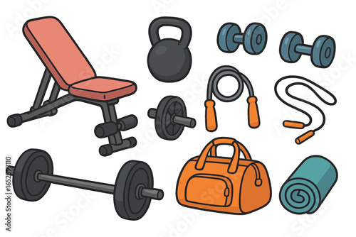 Fitness equipment and accessories for a workout routine at home or gym, including dumbbells, kettlebell, barbell, jump rope, bench, bag, mat. Vector cartoon illustration.