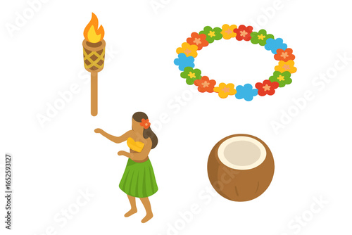 Tropical Paradise Icons Set with Island Hula Dancer, Tiki Torch, Flower Lei, and Coconut Drink Vector Illustration for Summer, Beach, Hawaiian, and Vacation Themes