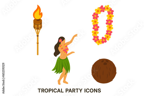 Tropical Party Icons Isometric Flat Vector Set of Luau Decorations Tiki Torch, Lei Garland, Hula Dancer, Coconut, Island Celebration Symbols Transparent Background